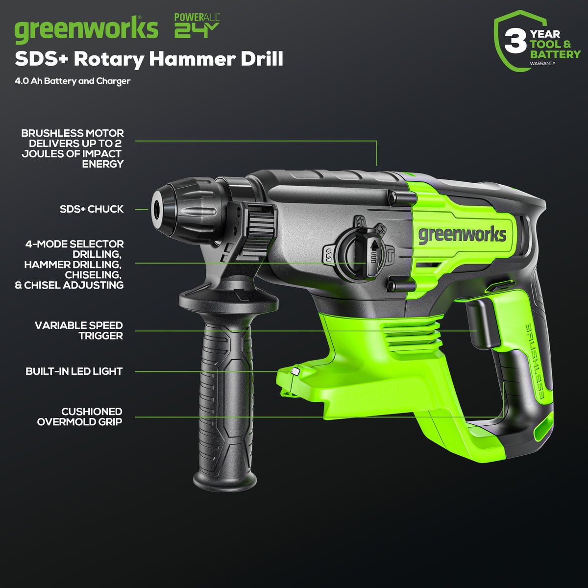 Marteau perforateur SDS Plus 24 V, batterie USB 4,0 Ah et chargeur inclus