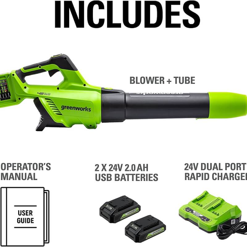 48V (24V x 2) 515 CFM - 125 MPH Leaf Blower, (2) 2.0Ah USB Batteries and 4A Dual Port Charger Included