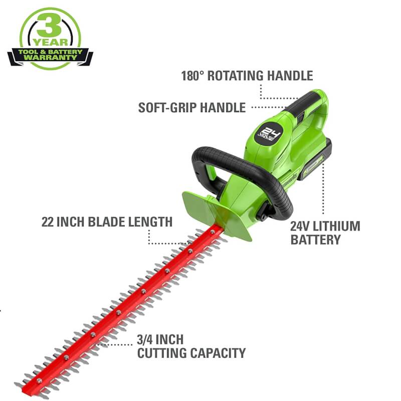 Taille-haie 24 V, 22 pouces avec poignée rotative, batterie USB 1,5 Ah et chargeur inclus