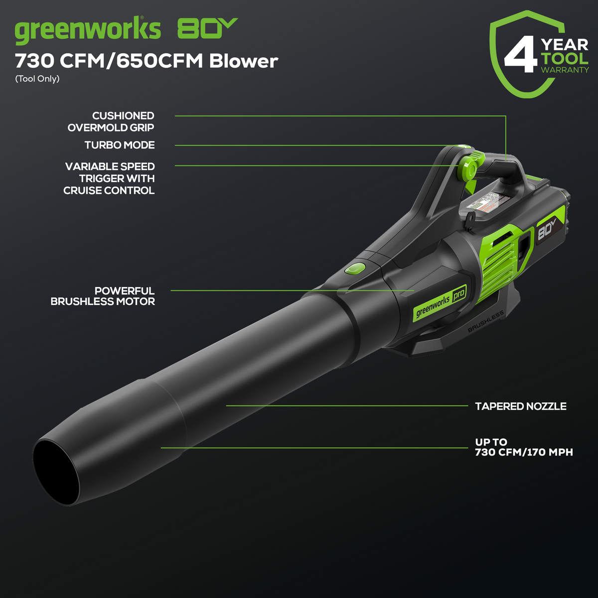 80V 730 CFM - 170 MPH Brushless Leaf Blower (Tool Only)