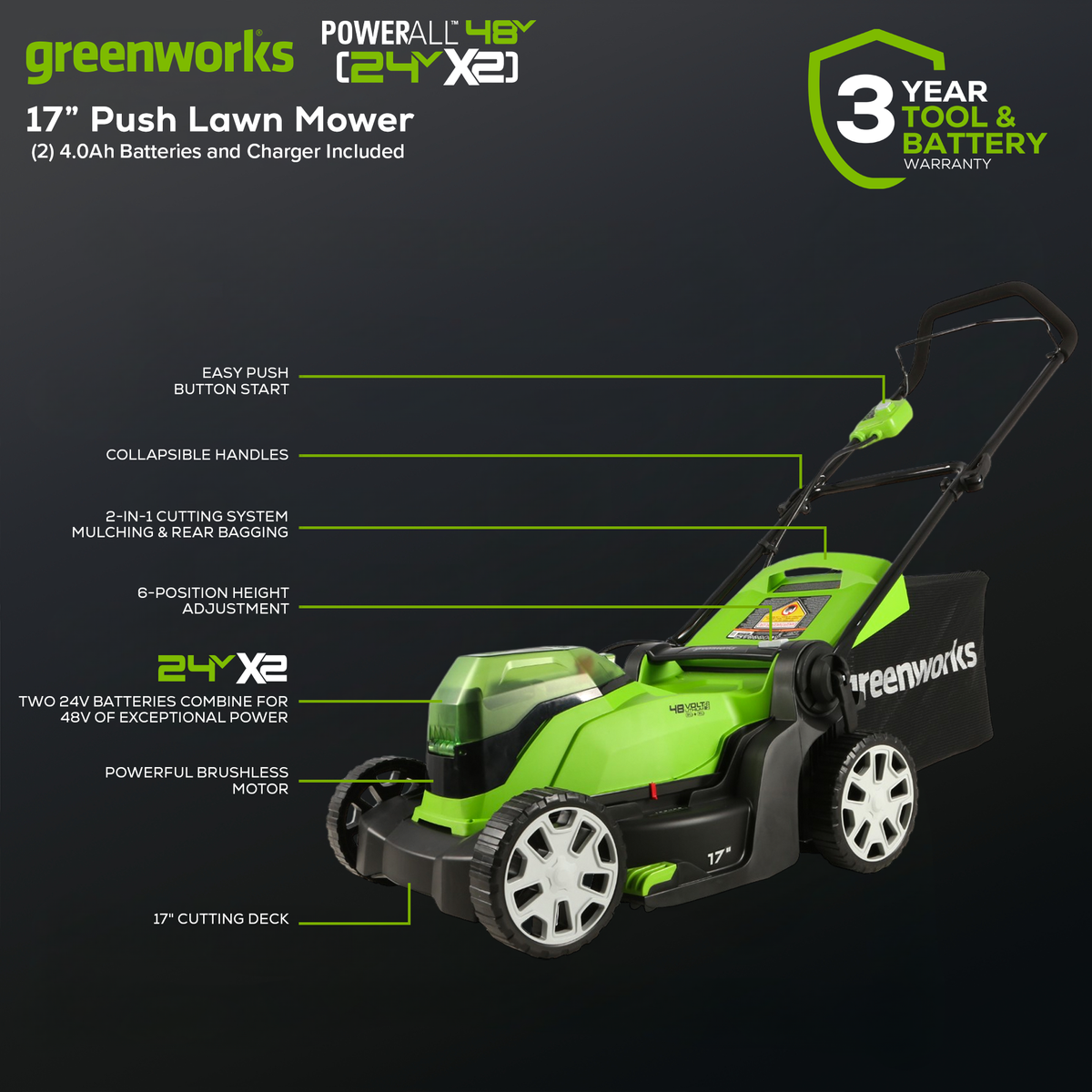 Ensemble 24 V de 4 appareils – tondeuse 17 pouces, coupe-herbe 12 pouces, souffleur à feuilles 320 CFM (pi³/min), taille-buissons, (2) batteries 4,0 Ah et chargeur à deux ports
