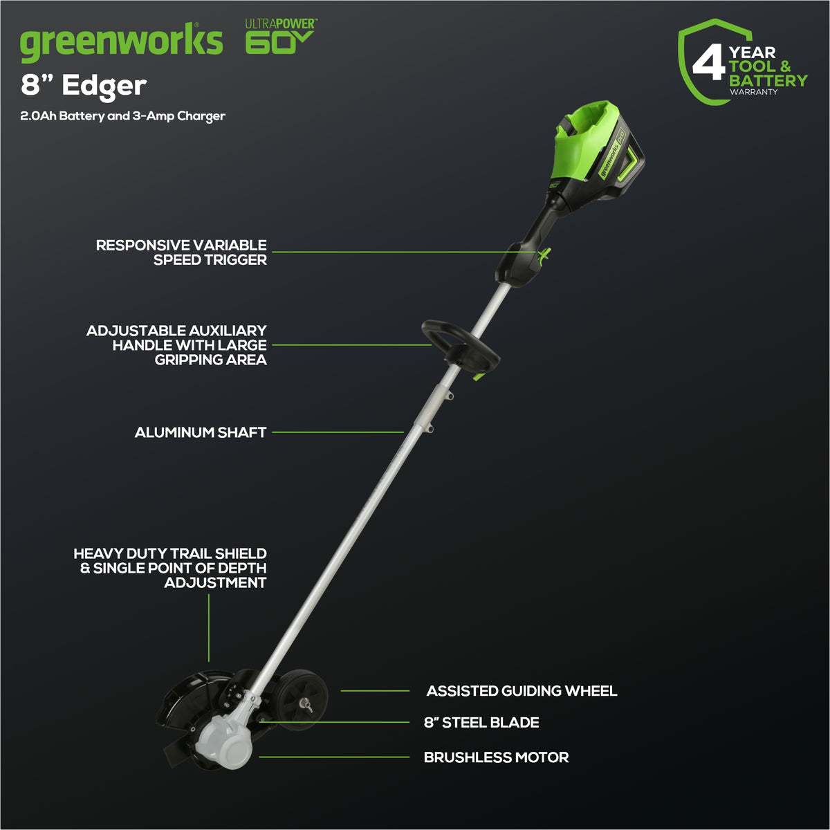 60V 8" Brushless Cordless Edger, 2.0Ah Battery and Charger Included