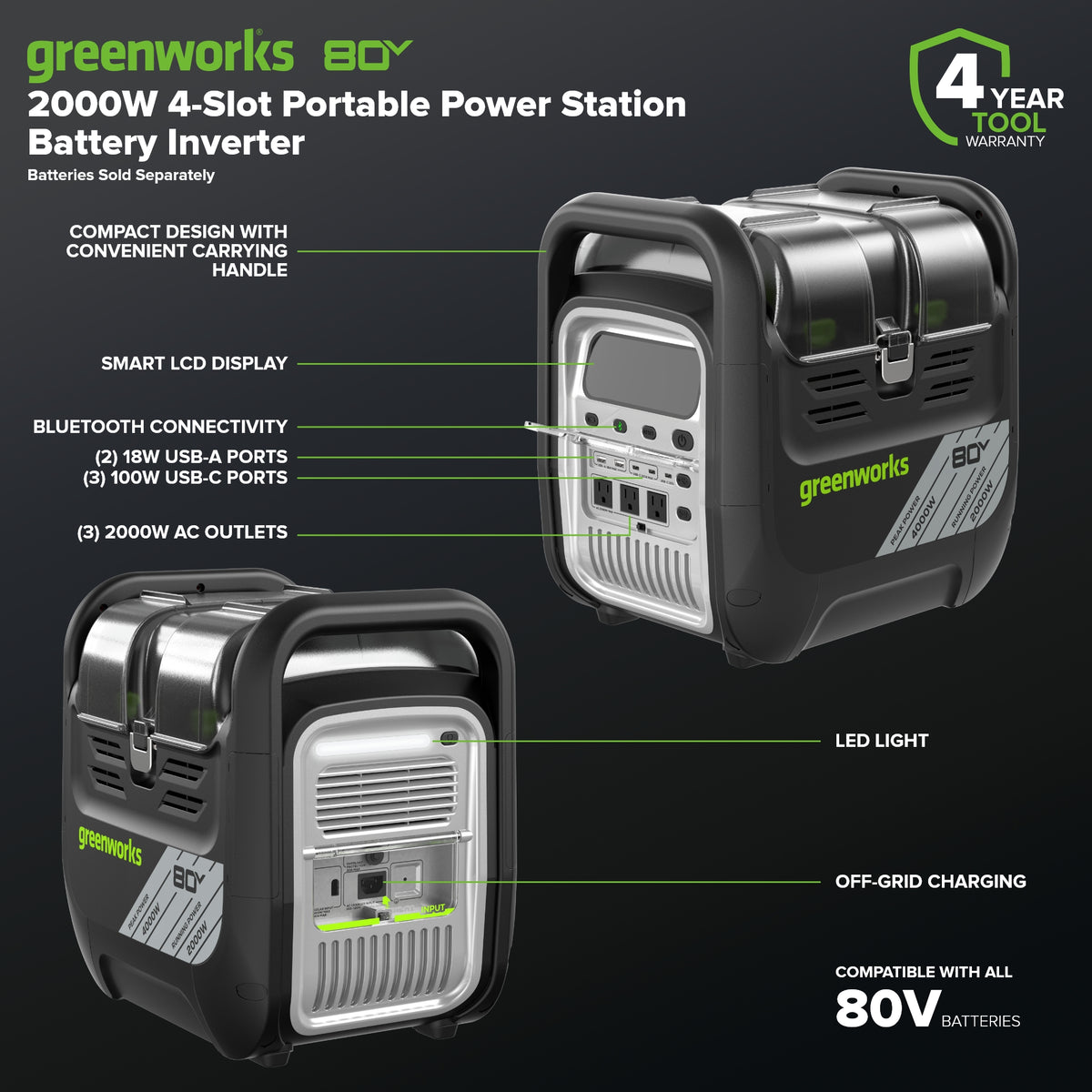 Station d'alimentation portative à onduleur de 4 emplacements 80 V, 2000 W (Outil seulement)