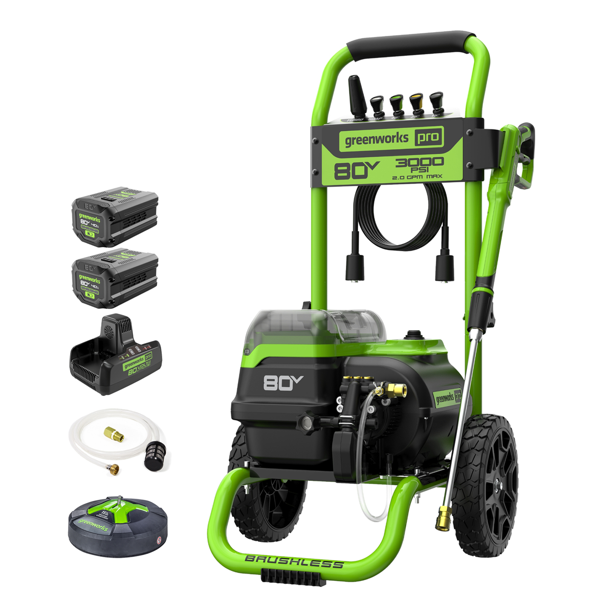80V 3000 PSI 2.0 GPM Brushless Pressure Washer, (2) 4.0Ah Batteries and Dual Port Charger Included