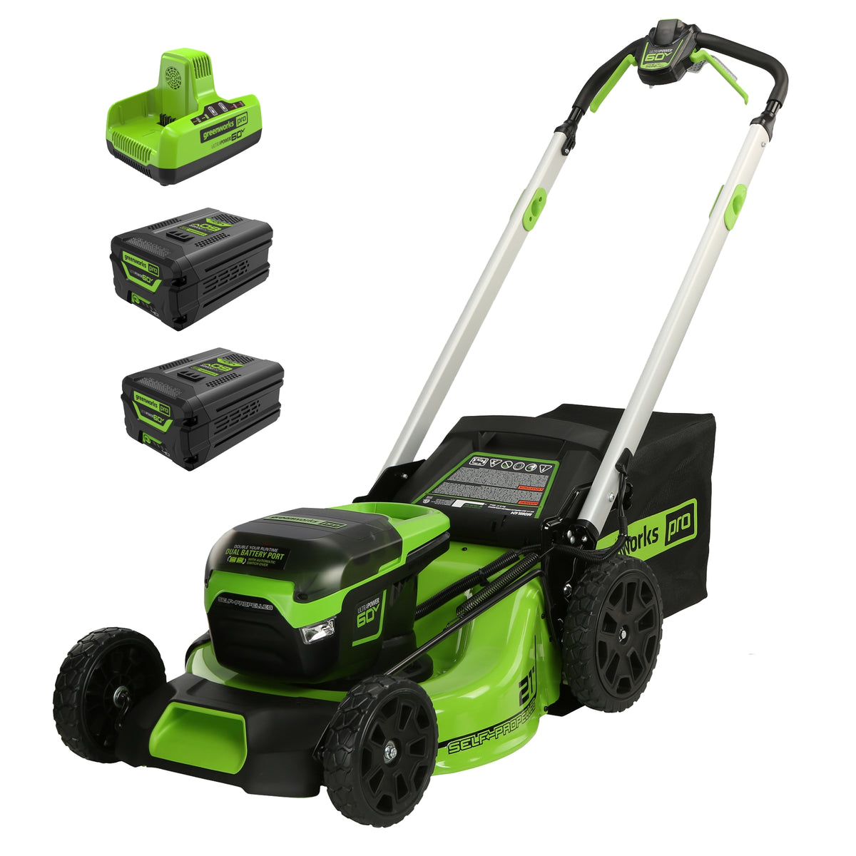 Tondeuse autotractée sans fil 60 V, 21 pouces, 2 batteries 4 Ah et chargeur double port inclus