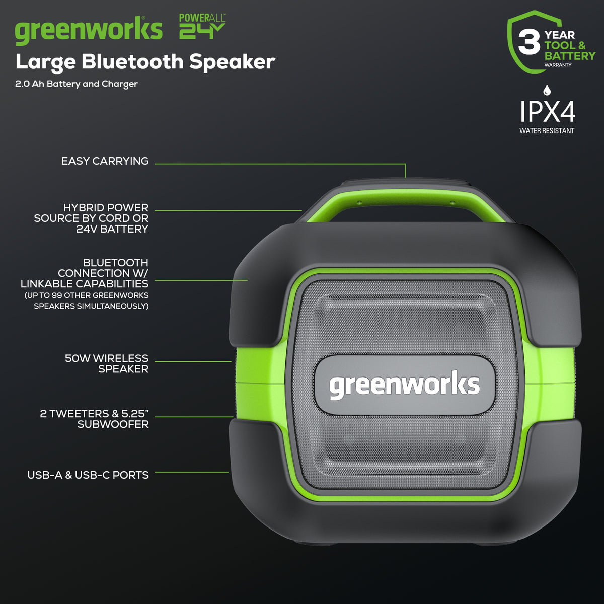 24V Bluetooth Speaker, 2.0Ah Battery and Charger Included