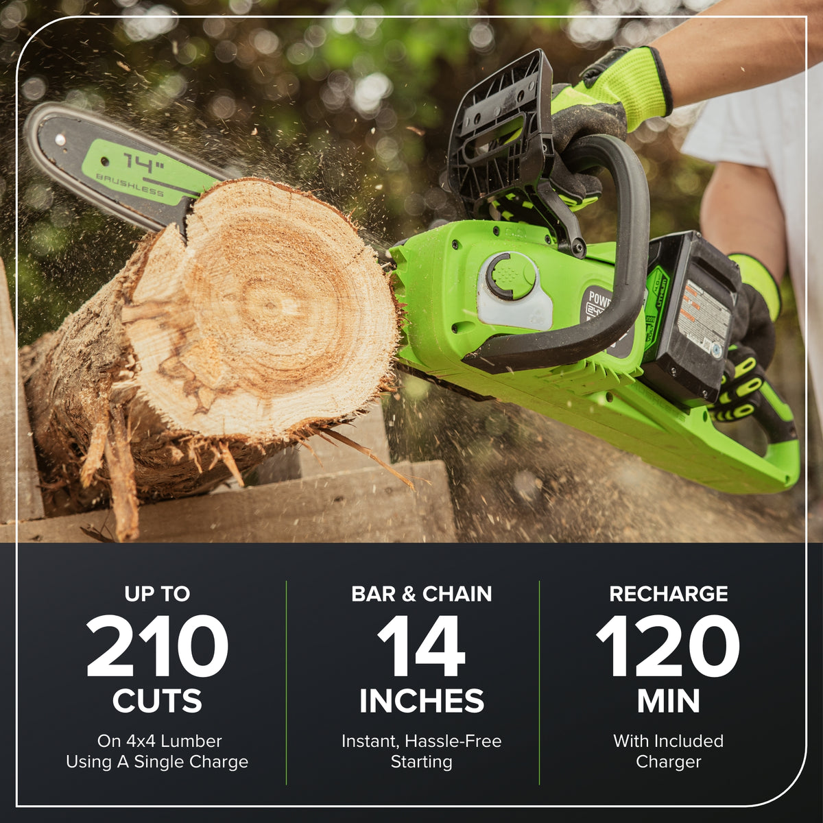 48V (24V x 2) 14" Cordless Battery Chainsaw, (2) 4.0 Ah USB Batteries & Dual Port Charger Included