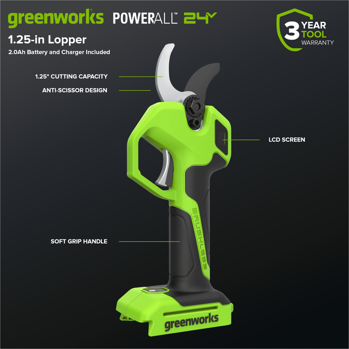 24V Pruning Shears, 2.0Ah Battery and 30W Type-C Charger with 3-ft Cord Included