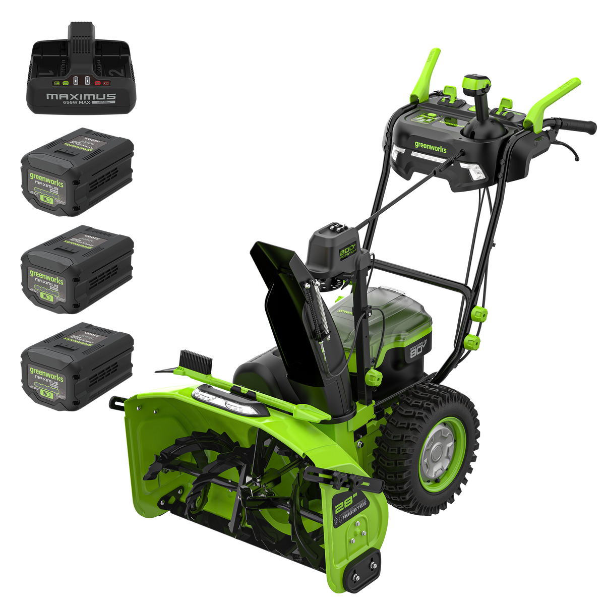 80V MAXIMUS 28" Dual Stage Snow Thrower, (3) 80V 4.0Ah Batteries and 8A Dual Port Charger Included