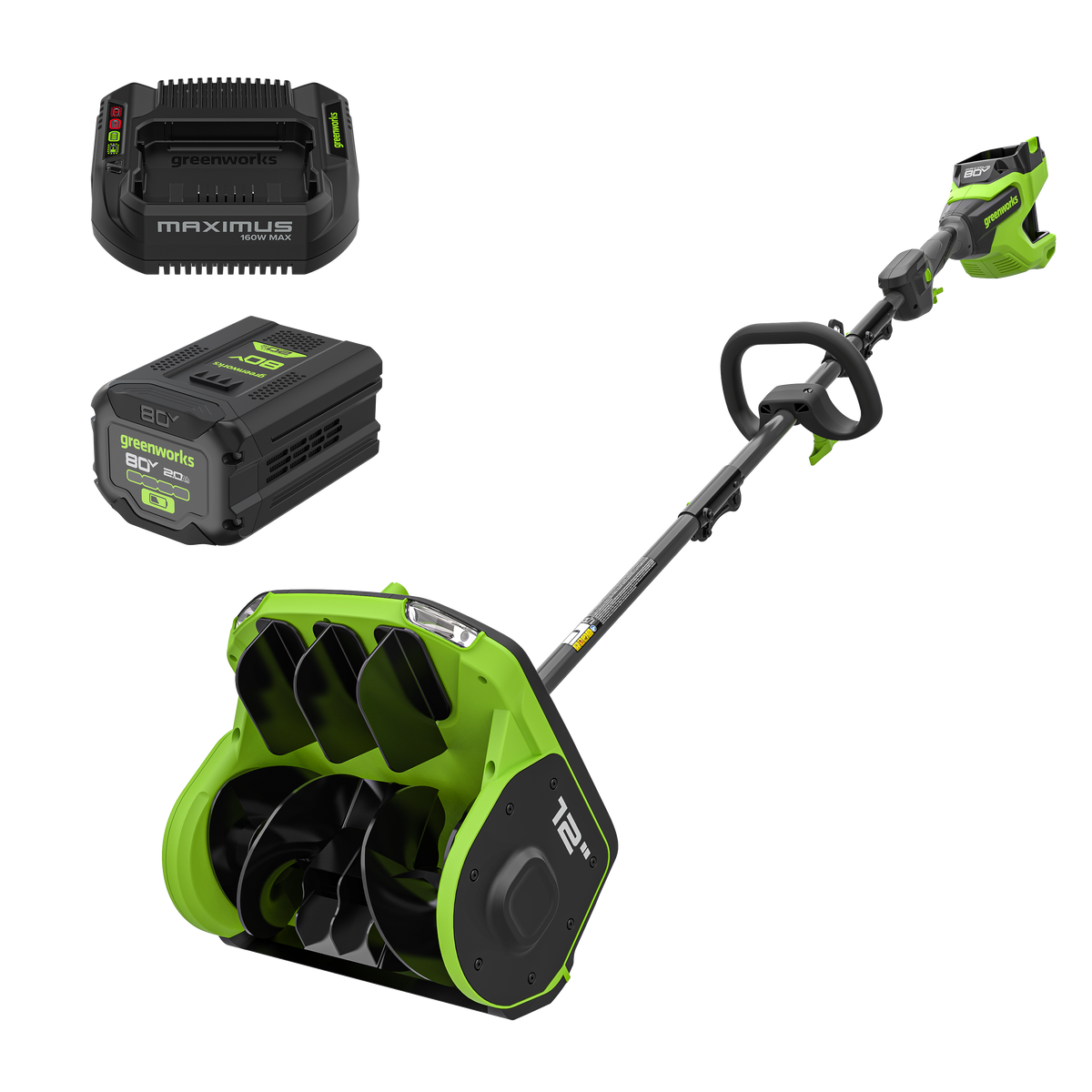 Pelle à neige sans balais 80 V Maximus de 12 po avec ailettes directionnelles, phares à DEL et commande à deux vitesses, batterie de 2,0 Ah et chargeur de 2 A