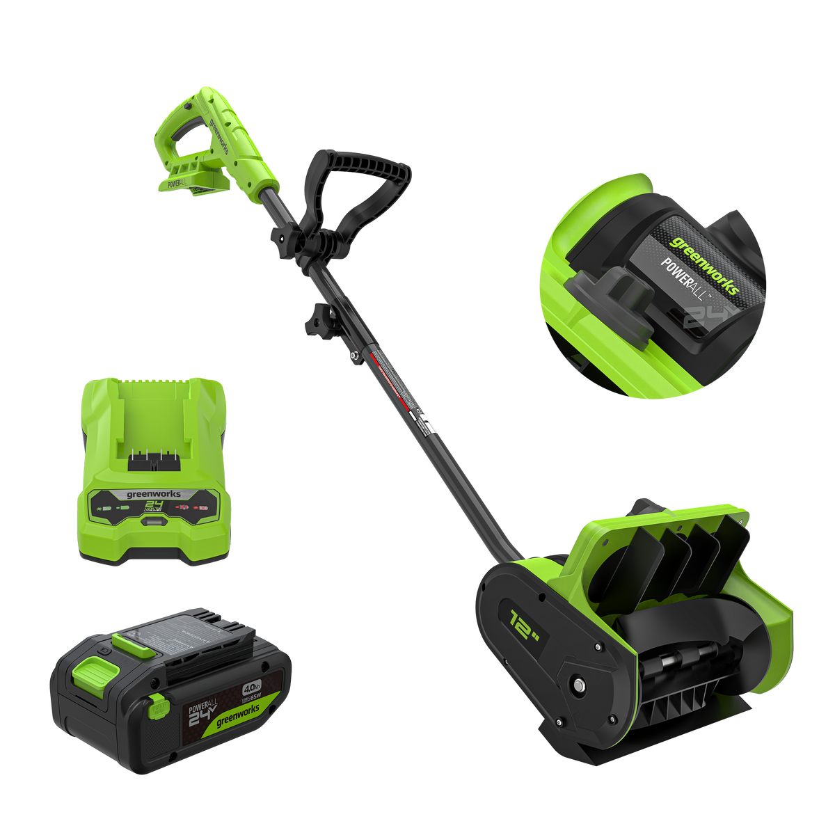 Pelle à neige Greenworks de 24 V de 12 po avec batterie de 4,0 Ah à port USB-C et chargeur de 2 A