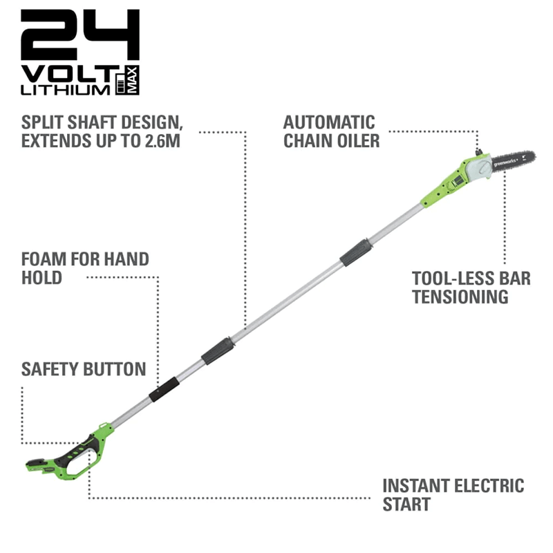 Scie à perche 24 V, 8 pouces avec accessoire taille-haie, batterie USB 2,0 Ah et chargeur inclus