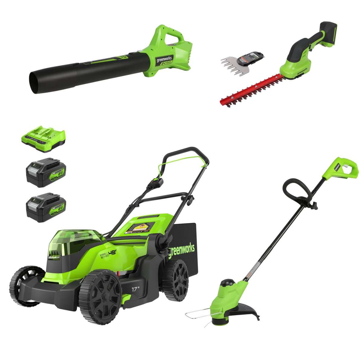 Ensemble 24 V de 4 appareils – tondeuse 17 pouces, coupe-herbe 12 pouces, souffleur à feuilles 320 CFM (pi³/min), taille-buissons, (2) batteries 4,0 Ah et chargeur à deux ports