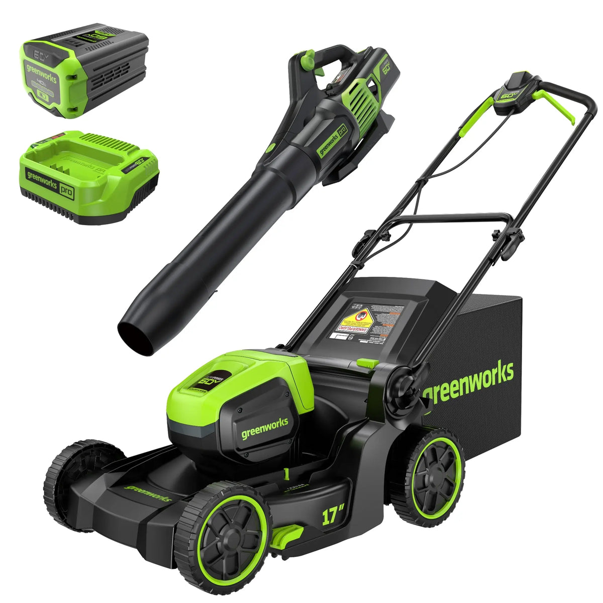 60V 17" Brushless Mower &  610 CFM Brushless Blower Combo Kit, 4.0Ah Battery and Charger Included