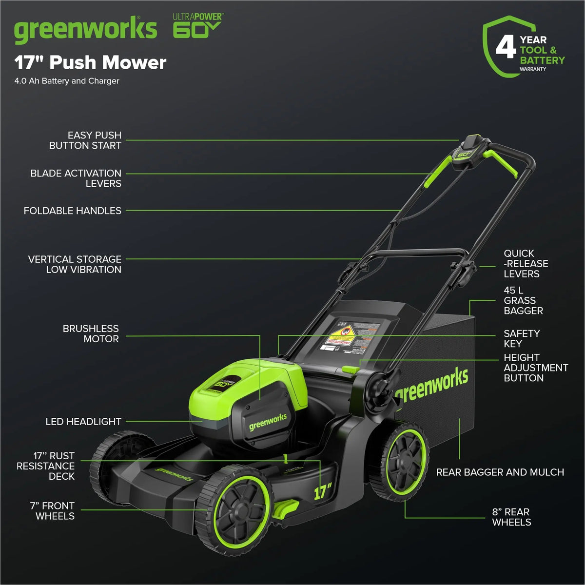 60V 17" Brushless Mower &  610 CFM Brushless Blower Combo Kit, 4.0Ah Battery and Charger Included