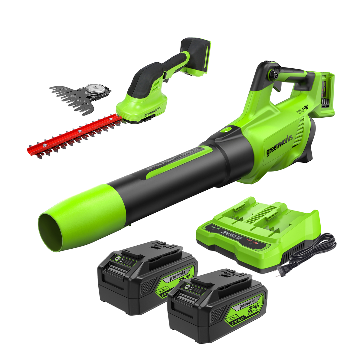 48V (24V x 2) Axial Jet blower & Shear Shrubber Combo, (2) 4.0Ah Batteries and Dual Port Charger Included