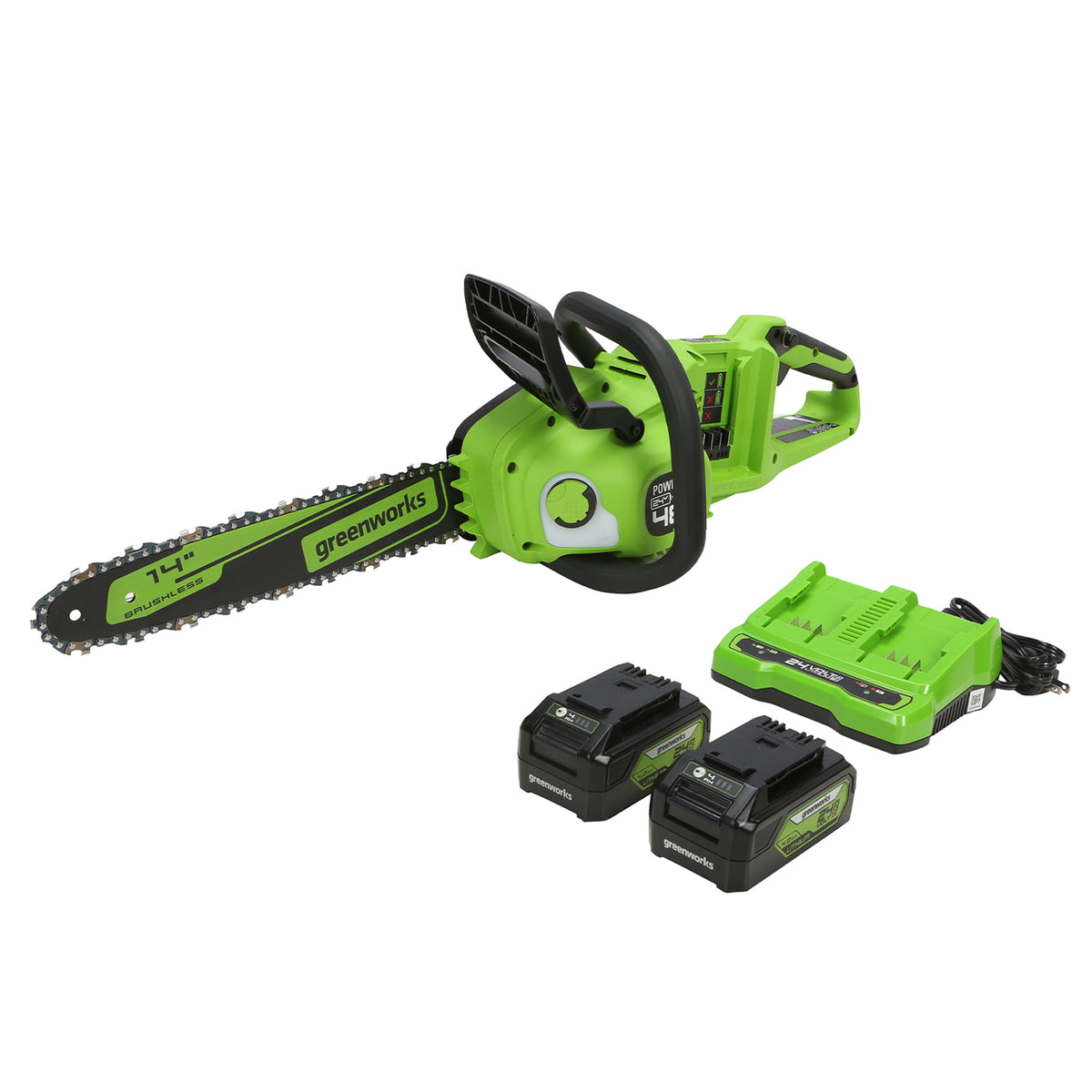 48V (24V x 2) 14" Cordless Battery Chainsaw, (2) 4.0 Ah USB Batteries & Dual Port Charger Included