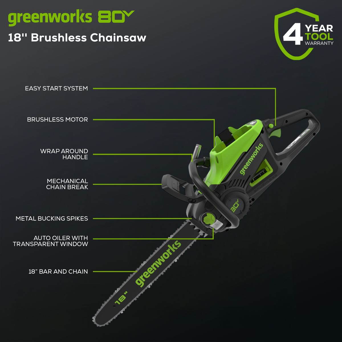 80V 18" Brushless Chainsaw, 2.0Ah Battery and Charger Included