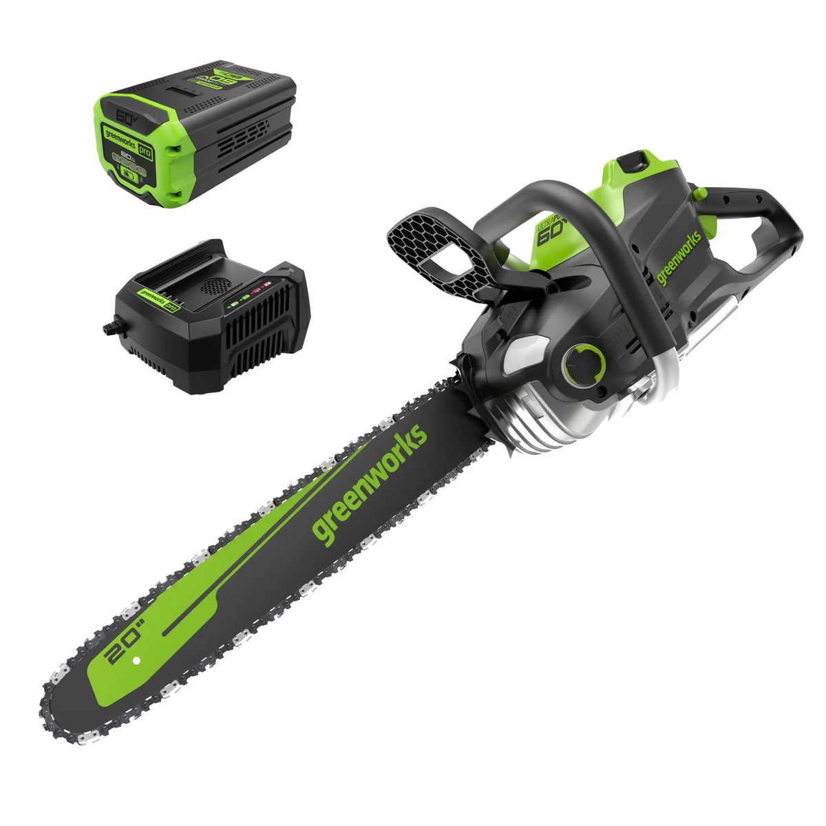60V 20" Cordless Battery 3.2kW Chainsaw, 8.0Ah Battery & Rapid Charger Included