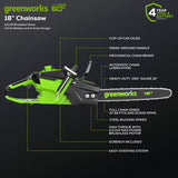 60V 18" 2.0kW Brushless Chainsaw, 4.0Ah Battery & Charger Included