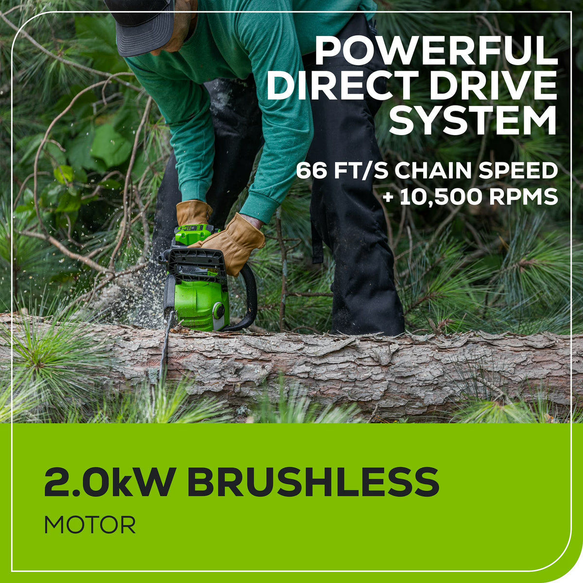 60V 18" 2.0kW Brushless Chainsaw, 4.0Ah Battery & Charger Included