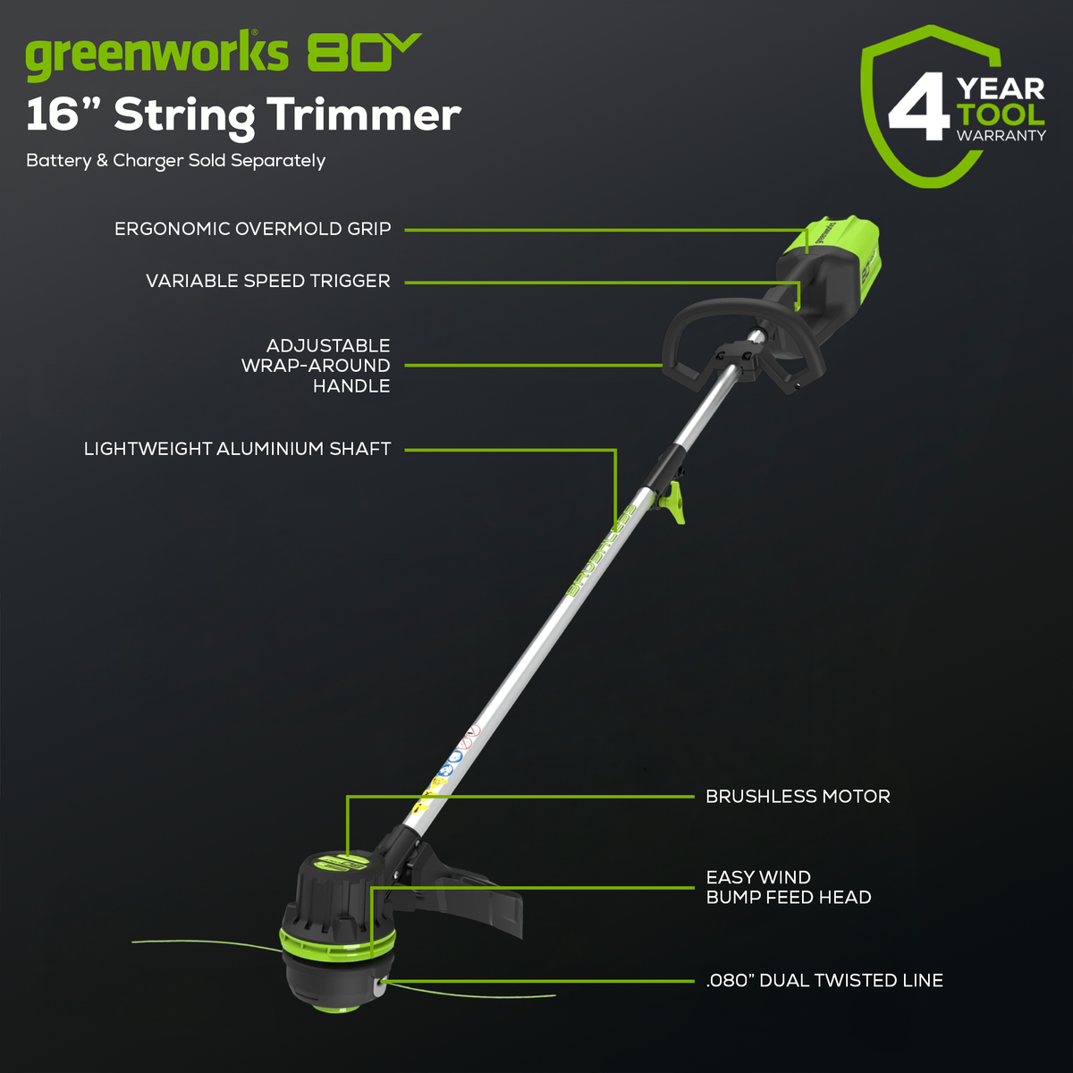 80V 16" Brushless String Trimmer (Tool Only) - ST80L00