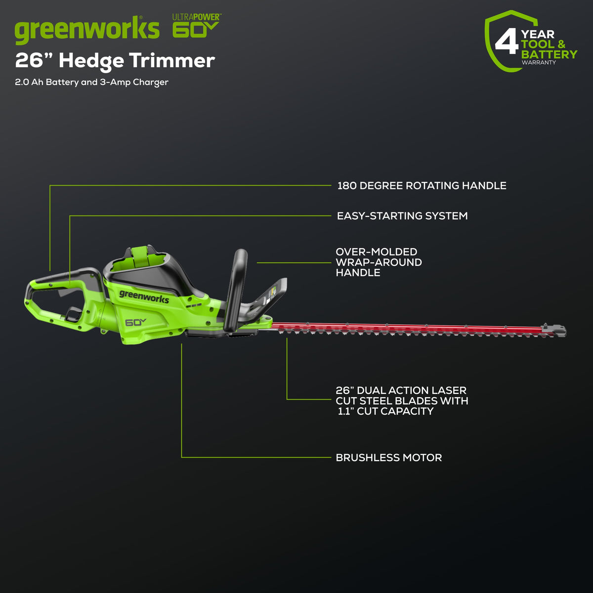 60V 26" Hedge Trimmer (Tool Only)