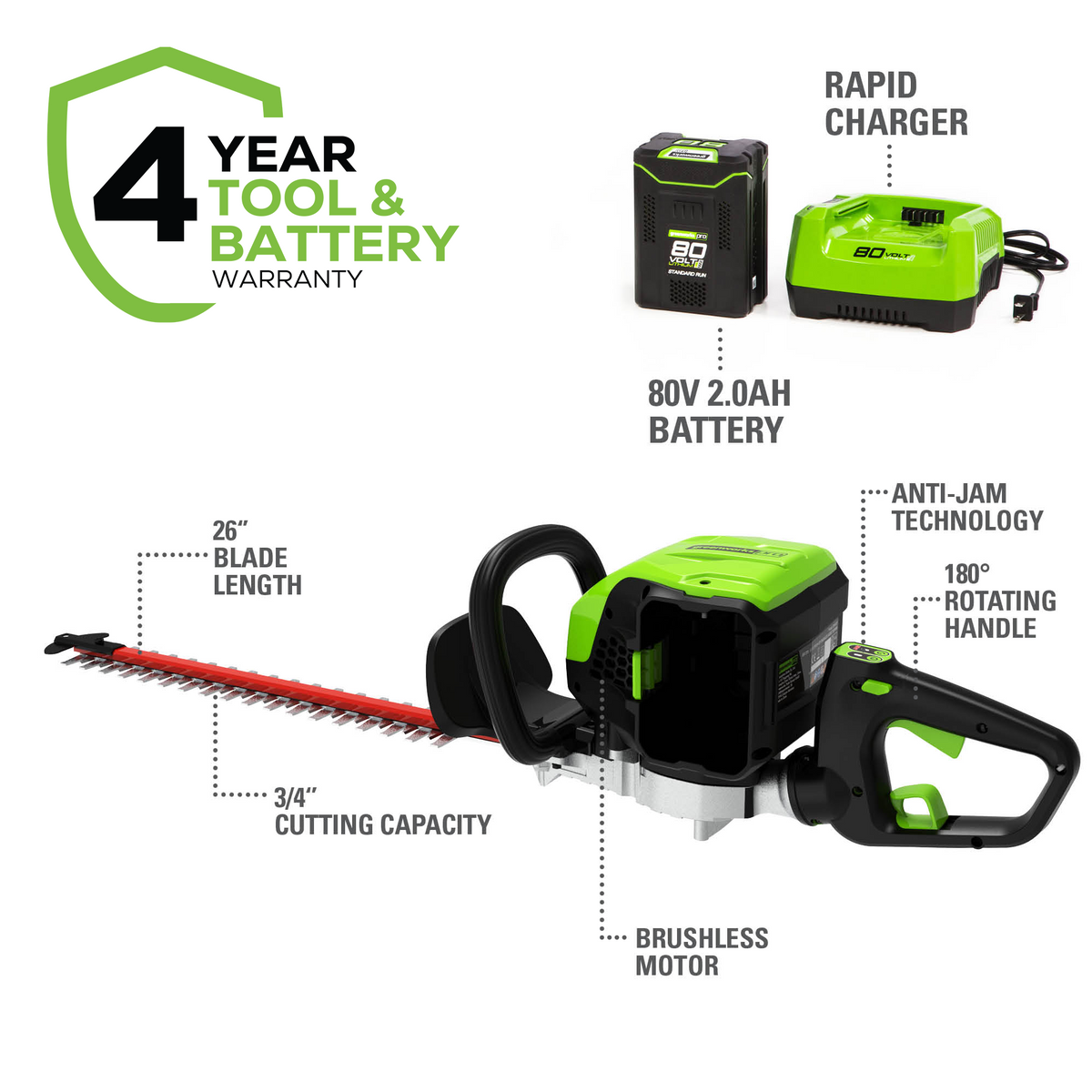 Taille-haie sans balais 80 V, 26 po, batterie 2,0 Ah et chargeur inclus – GHT80321