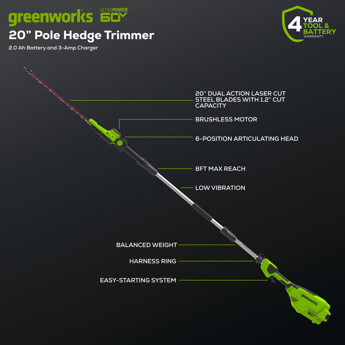 60V 20" Cordless Battery Pole Hedger, 2.0Ah Battery and 3A Charger Included