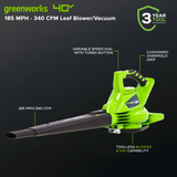 40V 185 MPH - 340 CFM Brushless Blower / Leaf Vacuum (Tool Only)