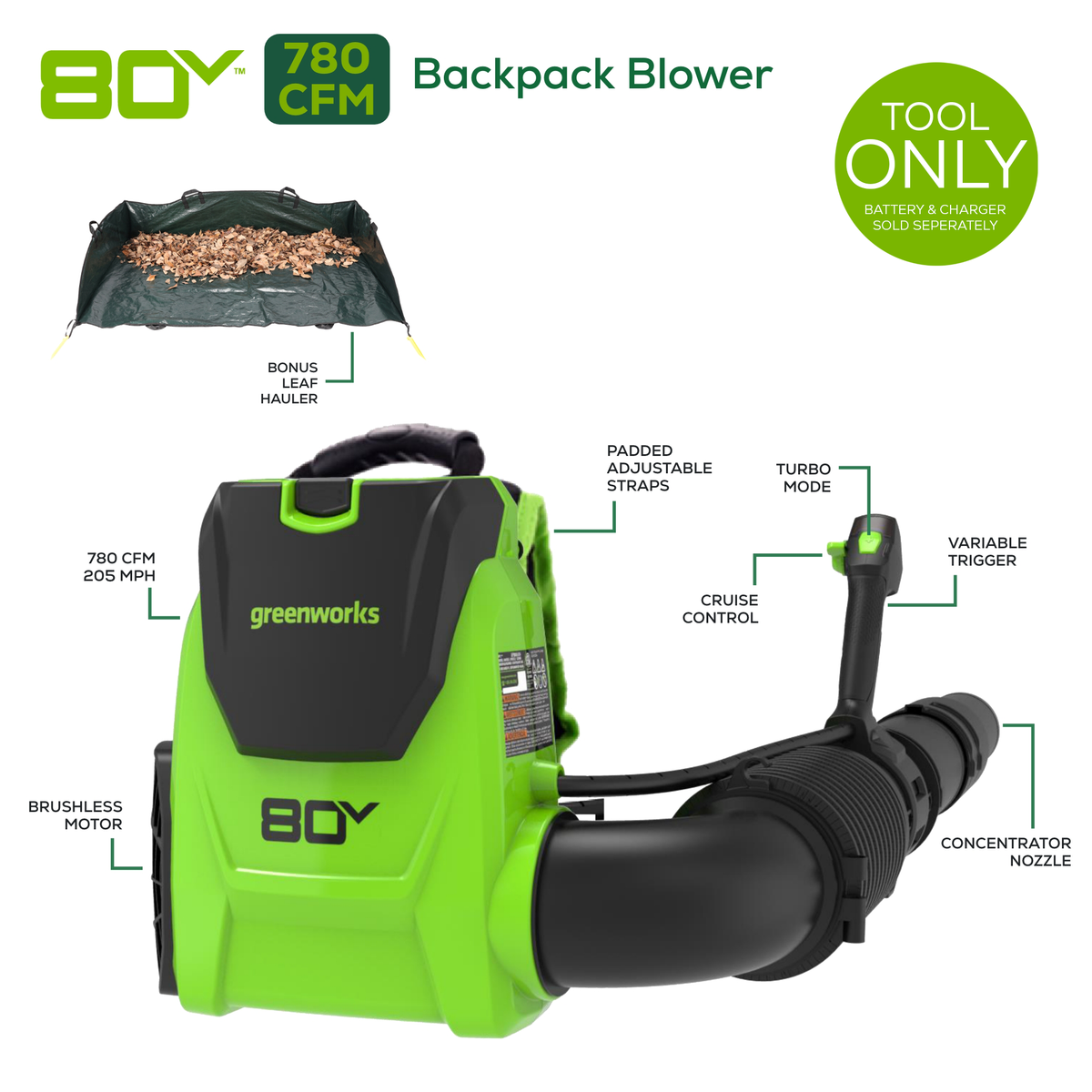 80V 780 CFM Brushless Cordless Backpack Blower with Leaf Hauler (Tool Only)