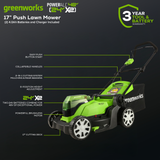 Ensemble 24 V de 4 appareils – tondeuse 17 pouces, coupe-herbe 12 pouces, souffleur à feuilles 320 CFM (pi³/min), taille-buissons, (2) batteries 4,0 Ah et chargeur à deux ports