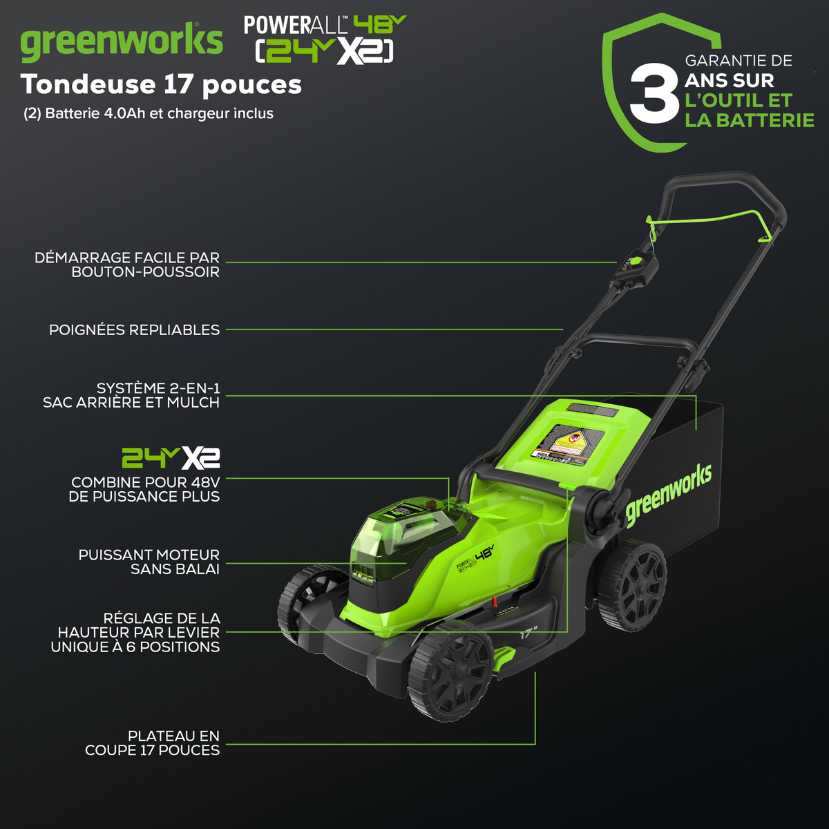 Ensemble 24 V de 4 appareils – tondeuse 17 pouces, coupe-herbe 12 pouces, souffleur à feuilles 320 CFM (pi³/min), taille-buissons, (2) batteries 4,0 Ah et chargeur à deux ports