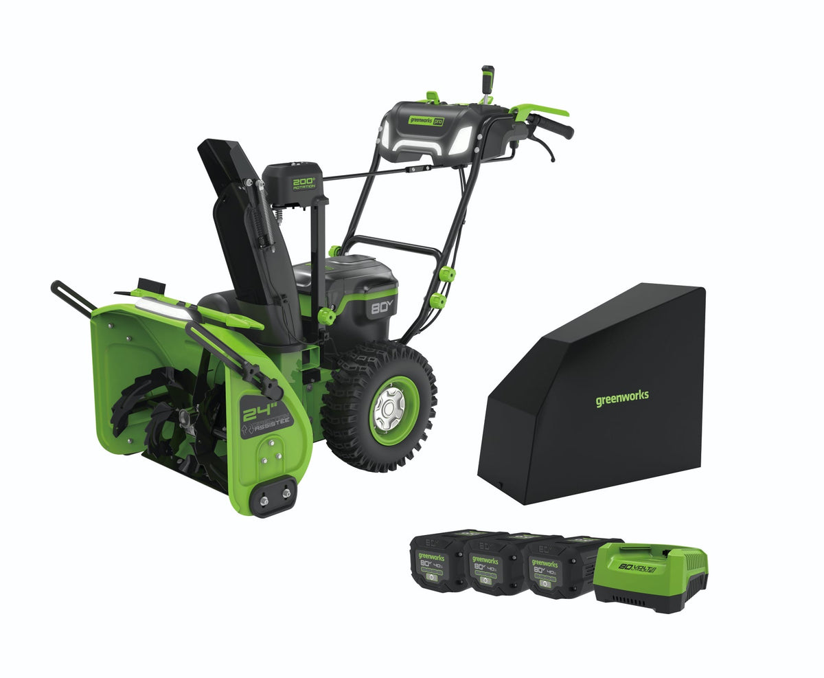 80V 24" Dual Stage Snow Thrower, (3) 4.0Ah Batteries and Charger BONUS: Protective Cover
