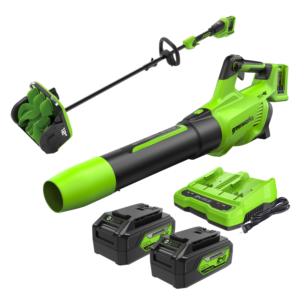 48V (24V x 2) Brushless 12" Snow Shovel & 585 CFM Blower Combo Kit, (2) 4.0Ah Batteries and Dual Port Charger