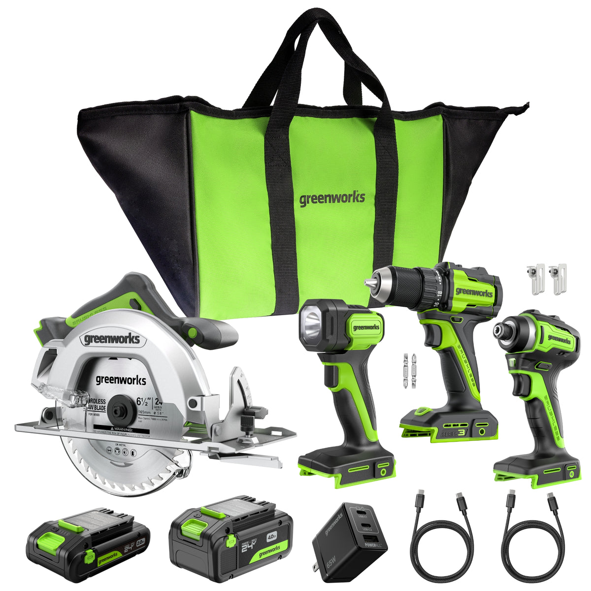 24V Brushless 4-Piece Power Tool Combo Kit – Drill/Driver, Circular Saw, Impact Driver, LED Flashlight, (1) 4.0Ah & (1) 2.0Ah USB-C Batteries, 65W USB-C Fast Charger Included