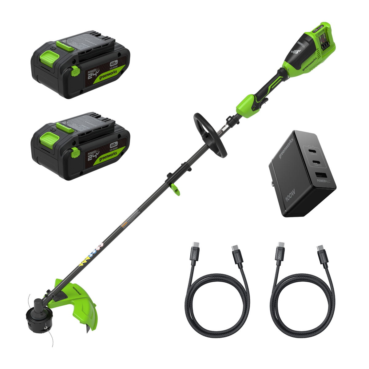 Coupe-herbe sans balais 48 V (24 V x 2), 16 pouces, 2 batteries 4,0 Ah 21700 et chargeur 100 W Type-C avec 2 câbles de recharge de 3 pieds inclus