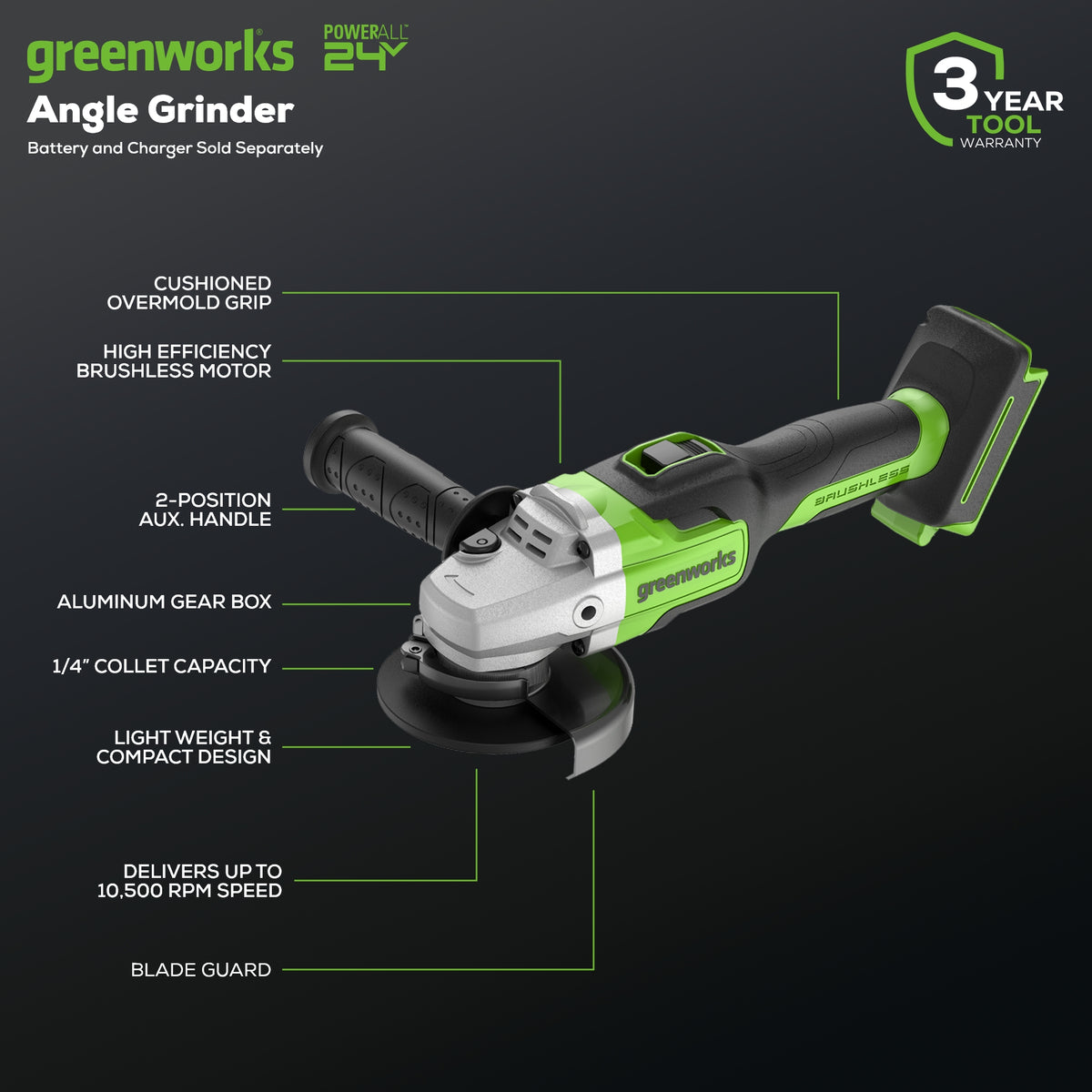 24V Brushless Angle Grinder (Tool Only) - AG24L00