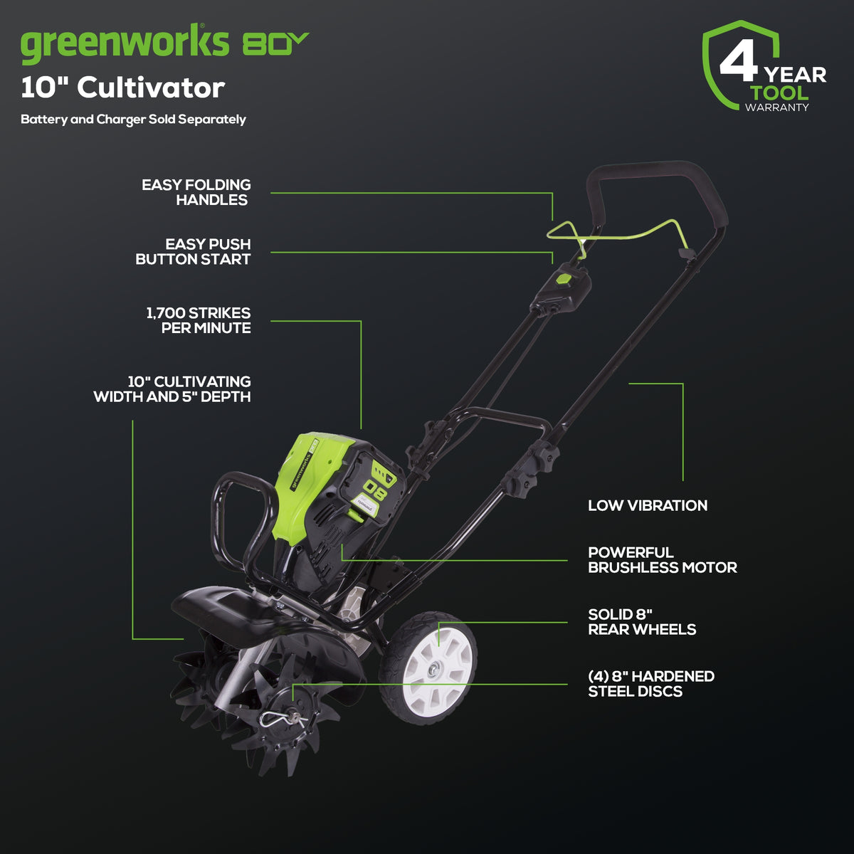 80V 10" Cultivator (Tool Only) - TL80L00
