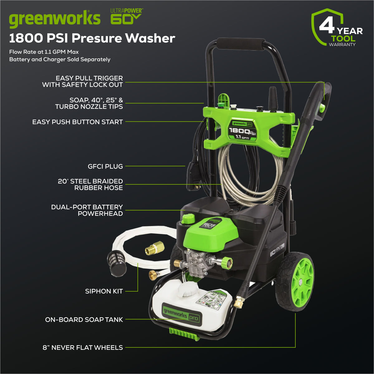 60V Hybrid 1800 PSI Pressure Washer (Tool Only)