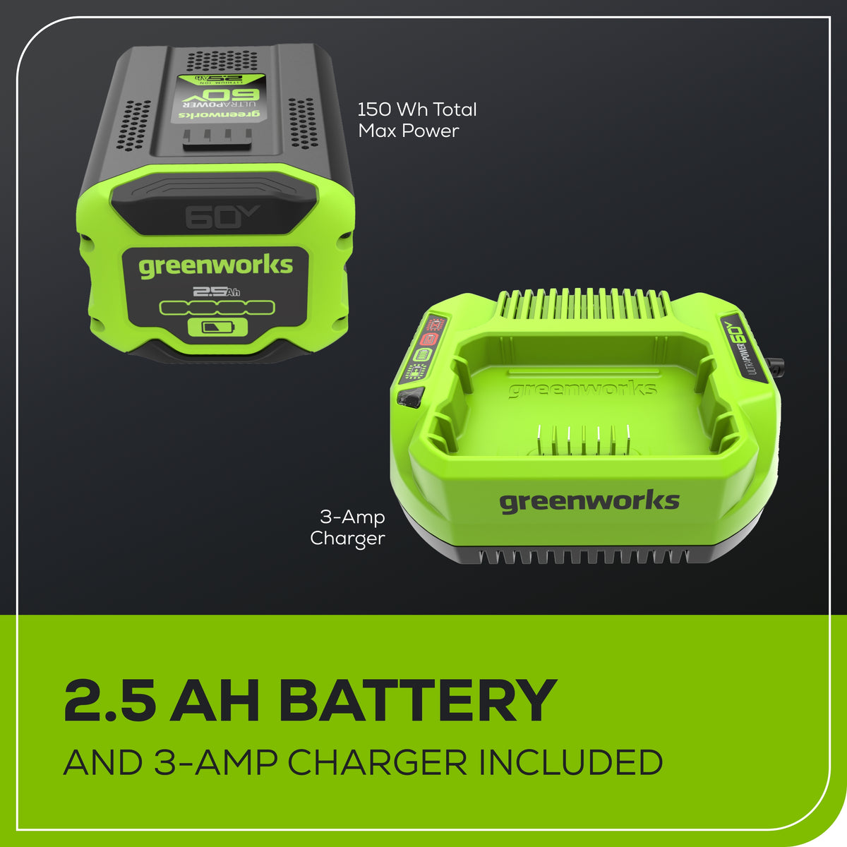 60V 16" 1.5kW Brushless Chainsaw, 2.5 Ah Battery & 3 Amp Charger Included