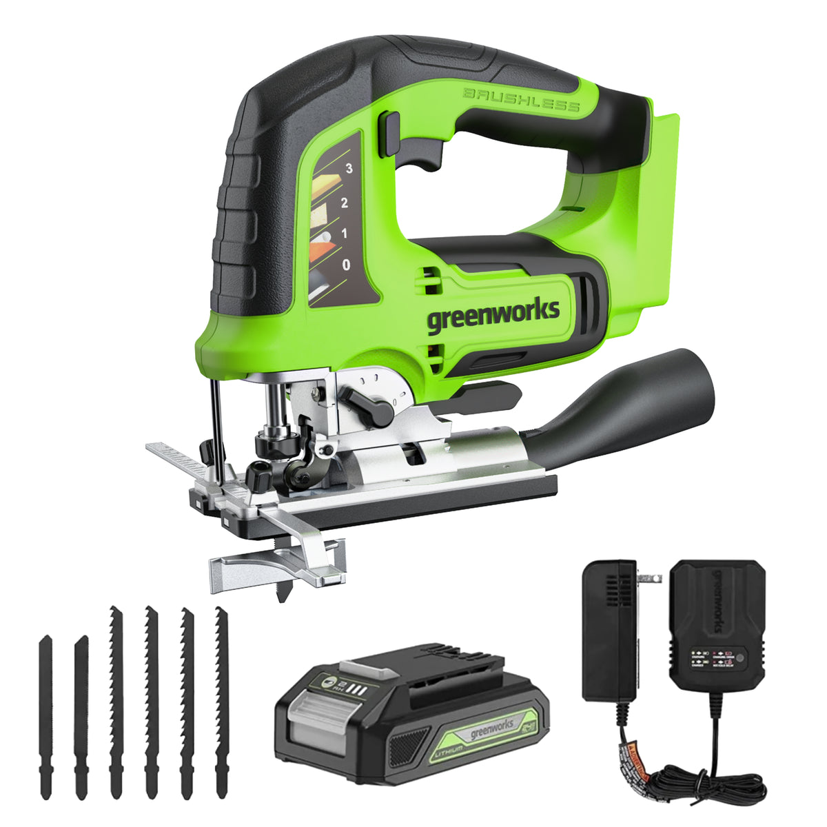 24V Brushless Jig Saw, 2.0Ah Battery & Charger Included