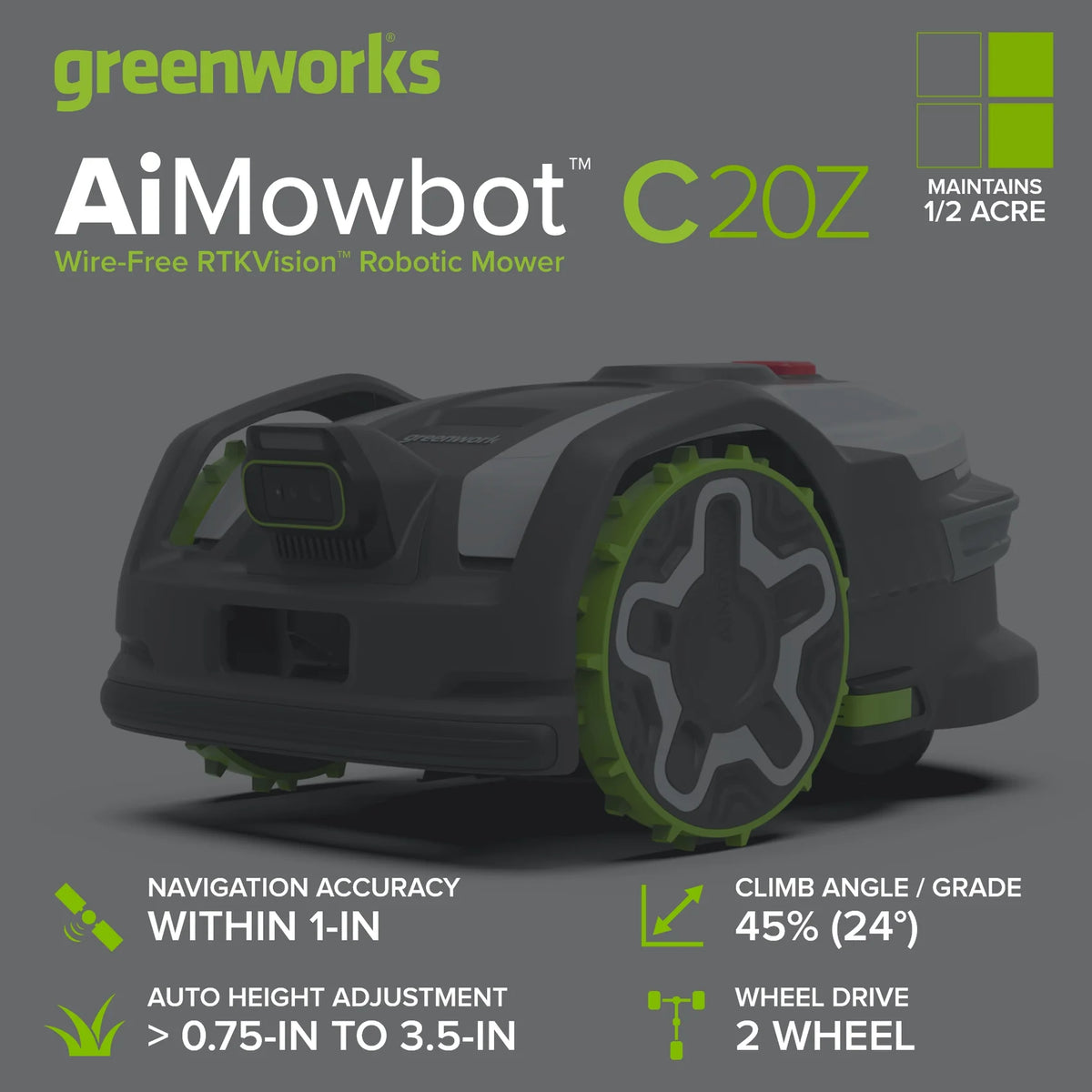 Tondeuse robotisée AiMowbot C20Z avec RTKVision sans fil | ½ acre, version 4 roues motrices