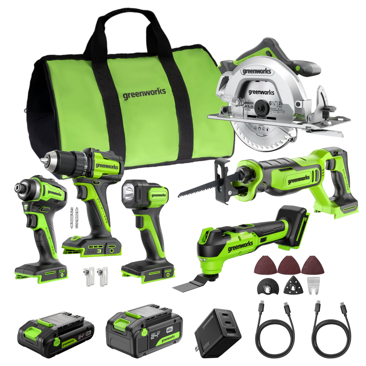 Greenworks 24V Brushless 6-Piece Power Tool Combo Kit, (1) 4.0Ah & (1) 2.0Ah USB-C Batteries, 65W USB-C Fast Charger Included