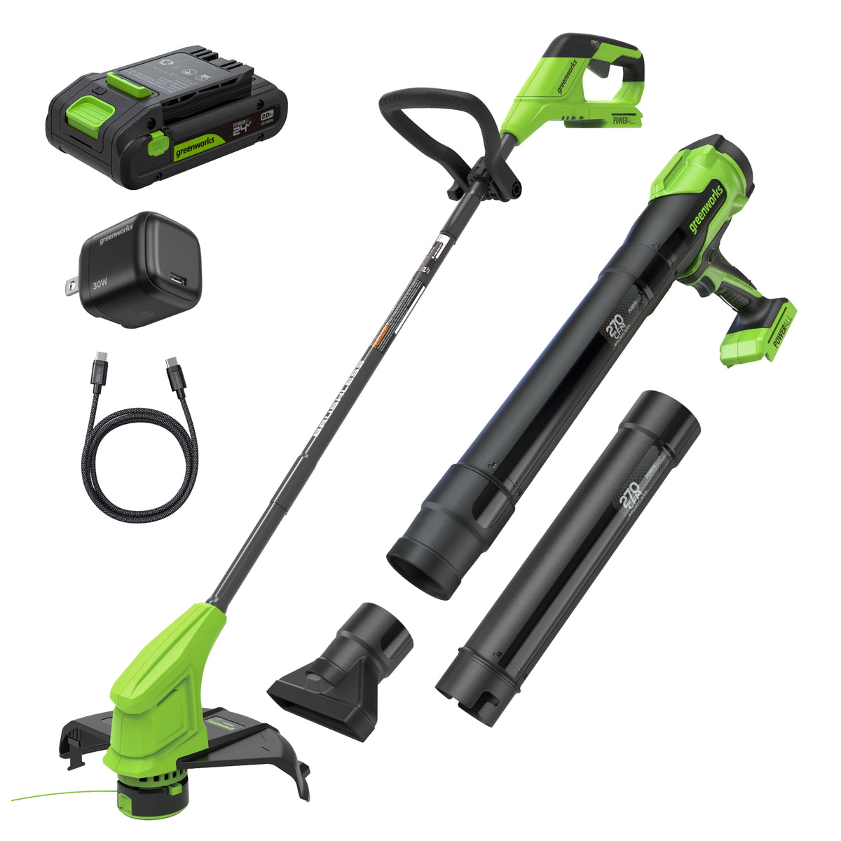 Ensemble 24 V de coupe-herbe sans balai, 12 pouces et souffleur à feuilles, 270 CFM (pi³/min), batterie 2,0 Ah avec chargeur Type-C 30 W et câbles de recharge 3 pieds inclus