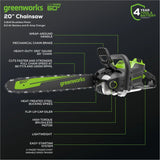 60V 20" Cordless Battery 3.2kW Chainsaw, 8.0Ah Battery & Rapid Charger Included