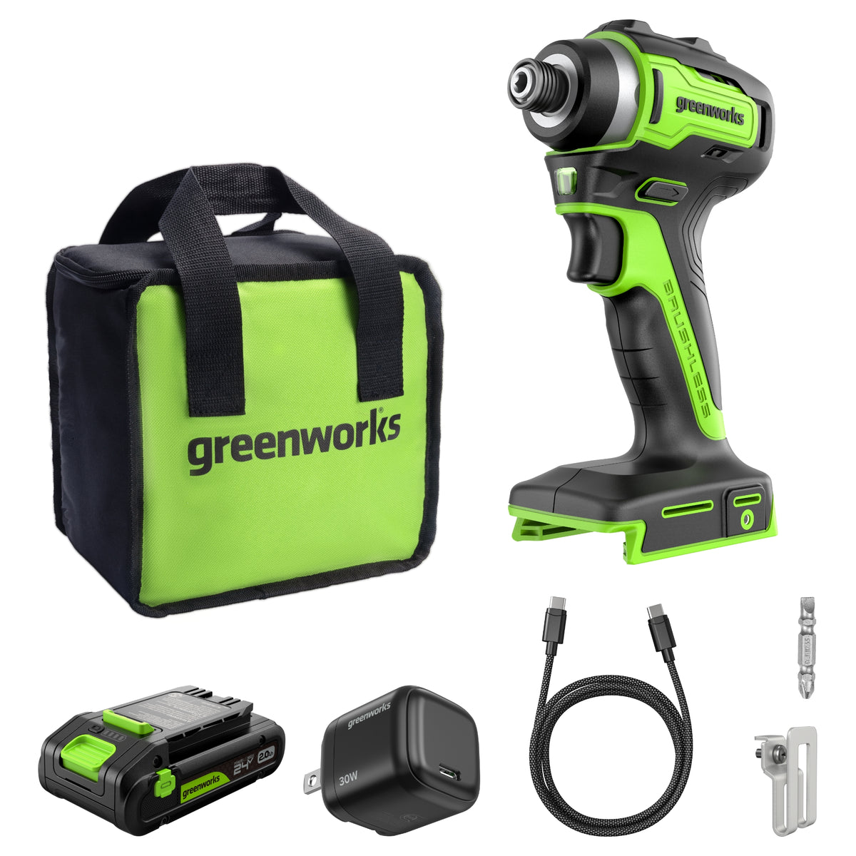 Ensemble 24 V de visseuse à chocs sans balais, ¼ po. 1950 po-lb, avec batterie USB-C 2,0 Ah et chargeur rapide USB-C 30 W inclus