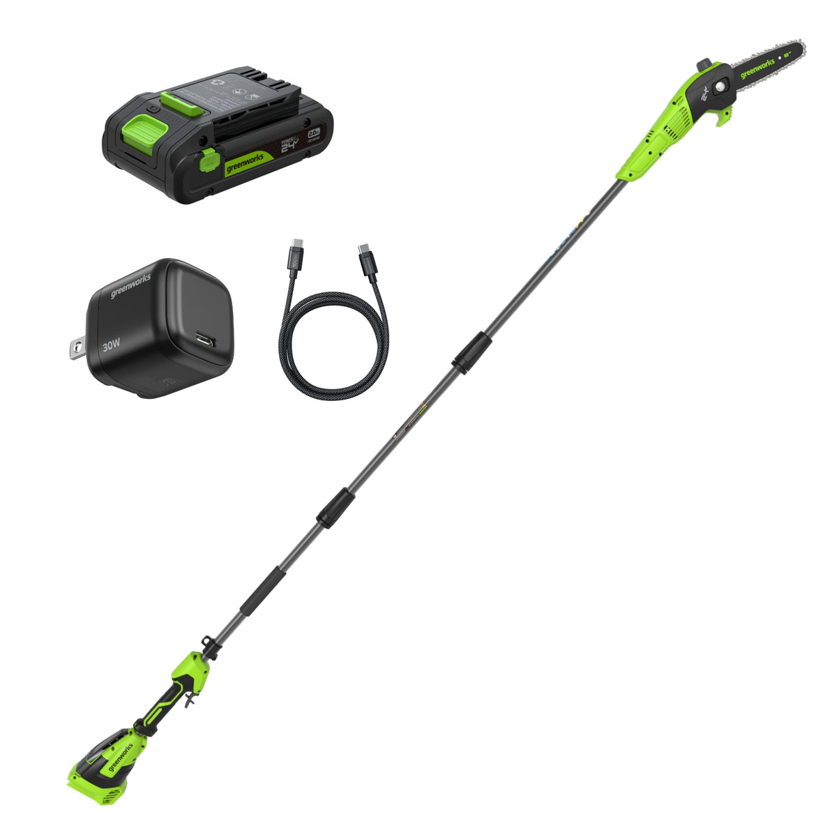 24V Brushless 8" Pole Saw, 2.0Ah Battery and 30W Type-C Charger (3-FT) Included