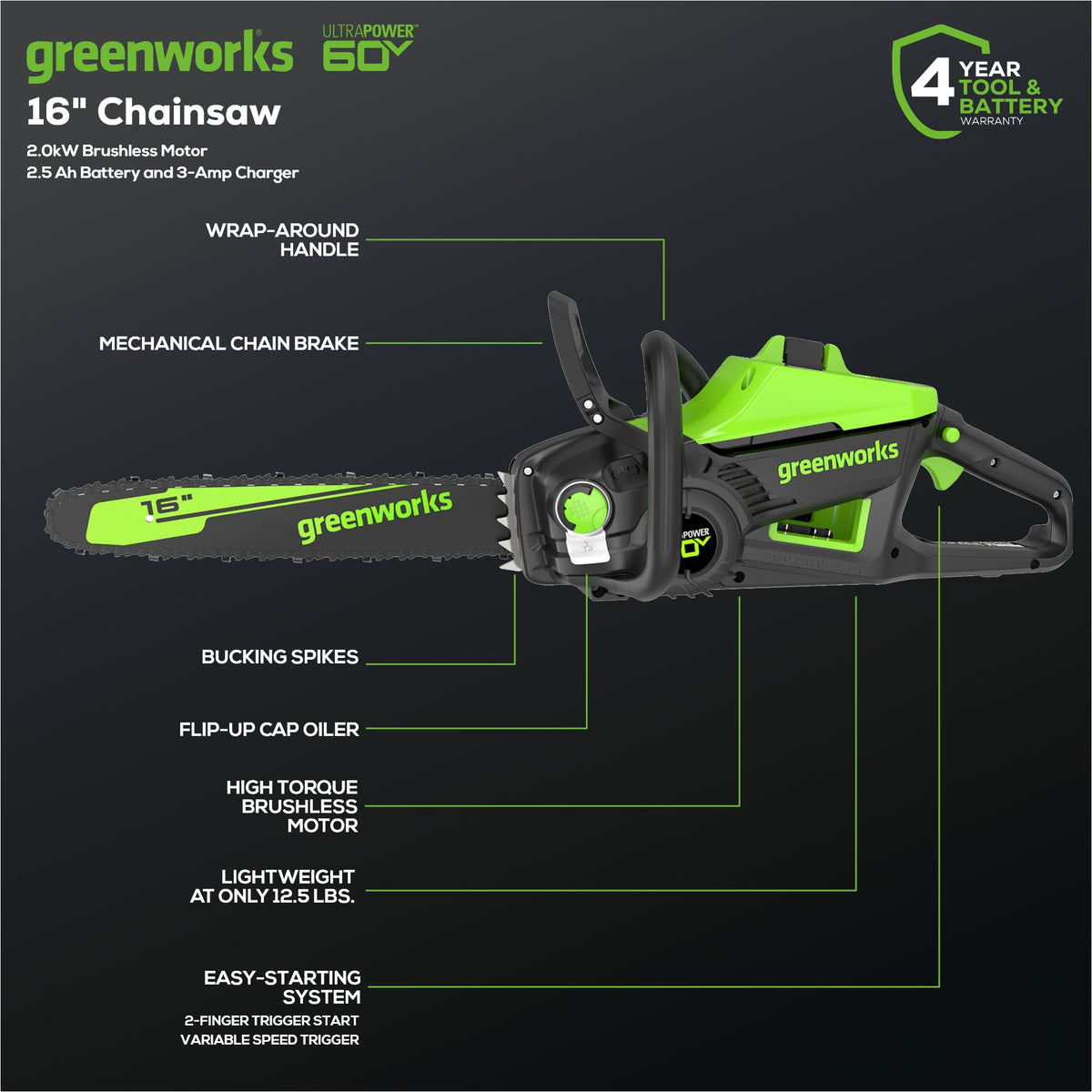 60V 16" Brushless Cordless Chainsaw, 2.5Ah Battery and Charger Included